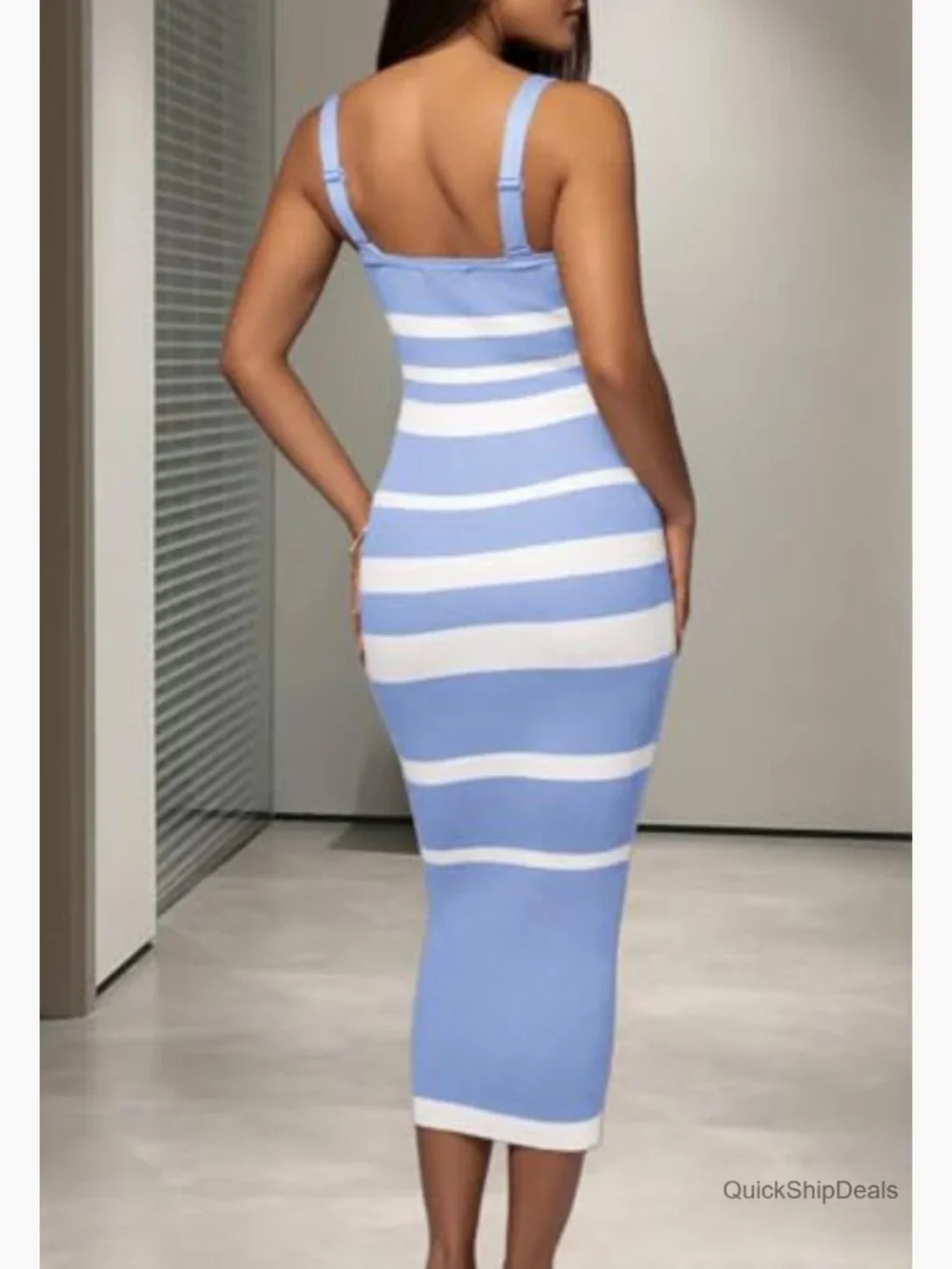 Sleeveless Striped Bodycon Midi Dress Square Neck Ribbed Knit - Picture 3 of 7